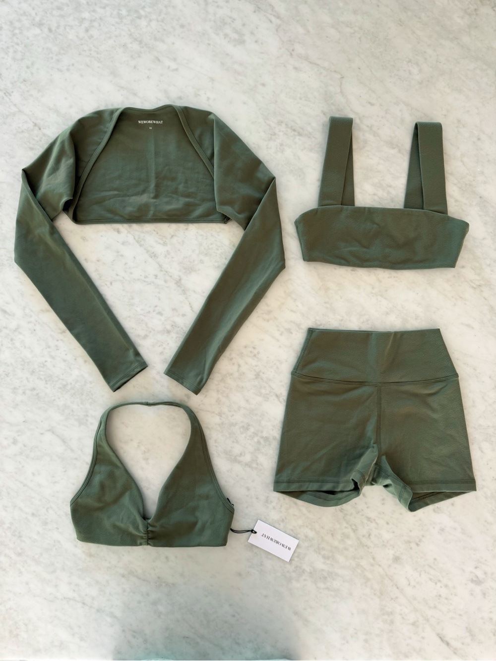 BUNDLE- weworewhat green sports bras, biker shorts, & long sleeve bolero top